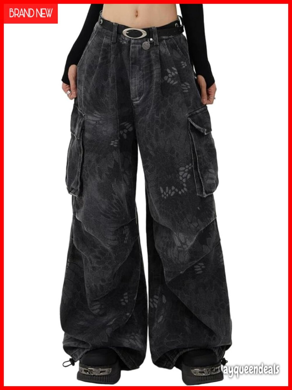 Vintage Camo Snake Print Cargo Jeans Loose Fit Wide Leg Denim Streetwear Pants